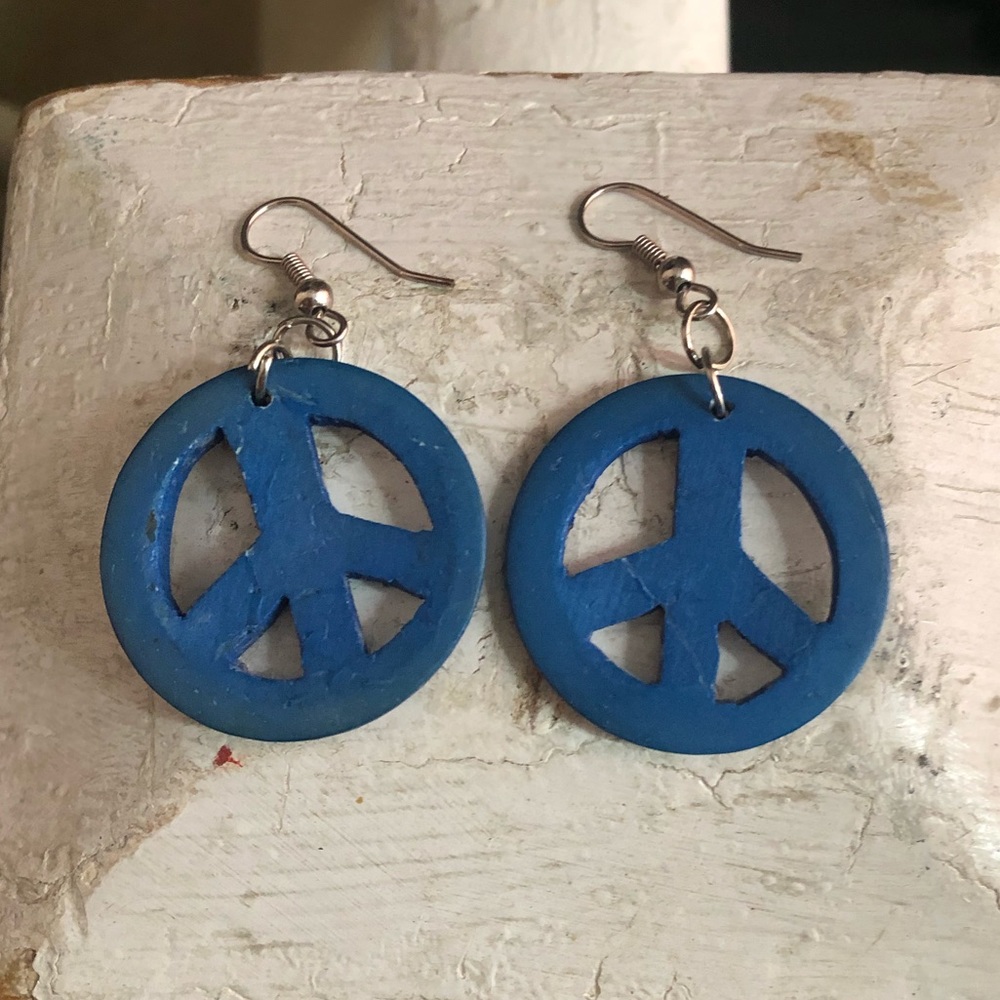 Blue peace sign dangle earrings